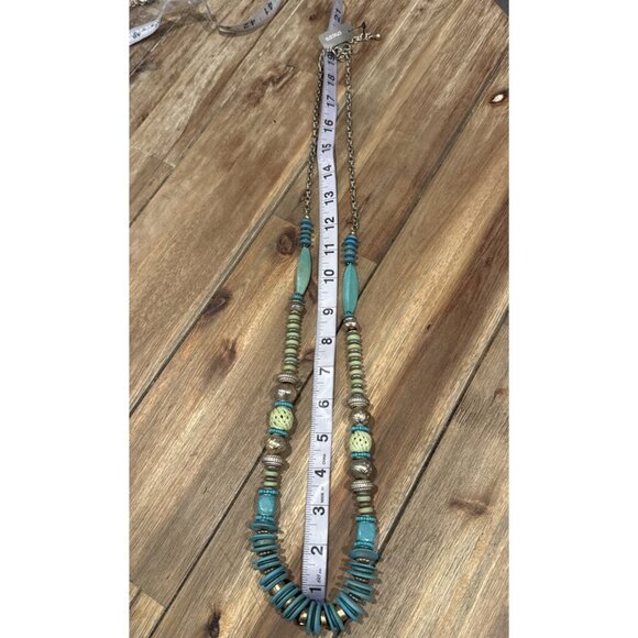 Chicos 20" Long Gold Tone Turquoise Blue Green Bead Statement Necklace NEW - Picture 10 of 11